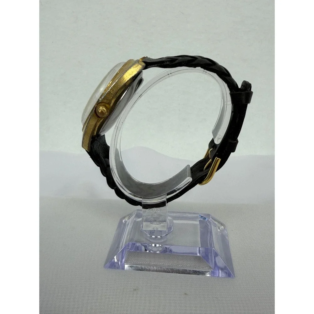 Vintage Timex Electric Dynabeat Gold Tone Day Date Watch Black Braided Leather